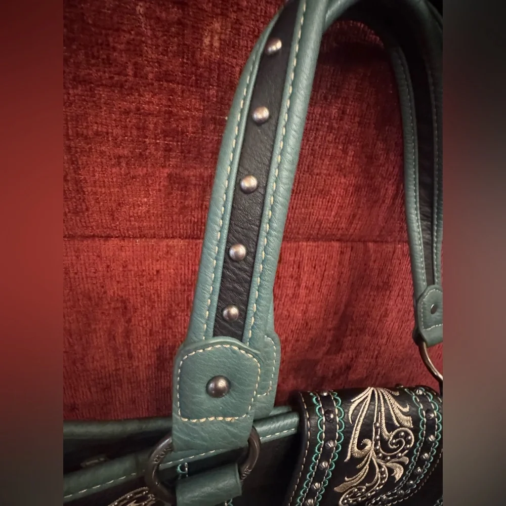 Montana West Buckle Shoulder Tote Purse Concealed Carry Rhinestones Black Blue - Picture 6 of 11